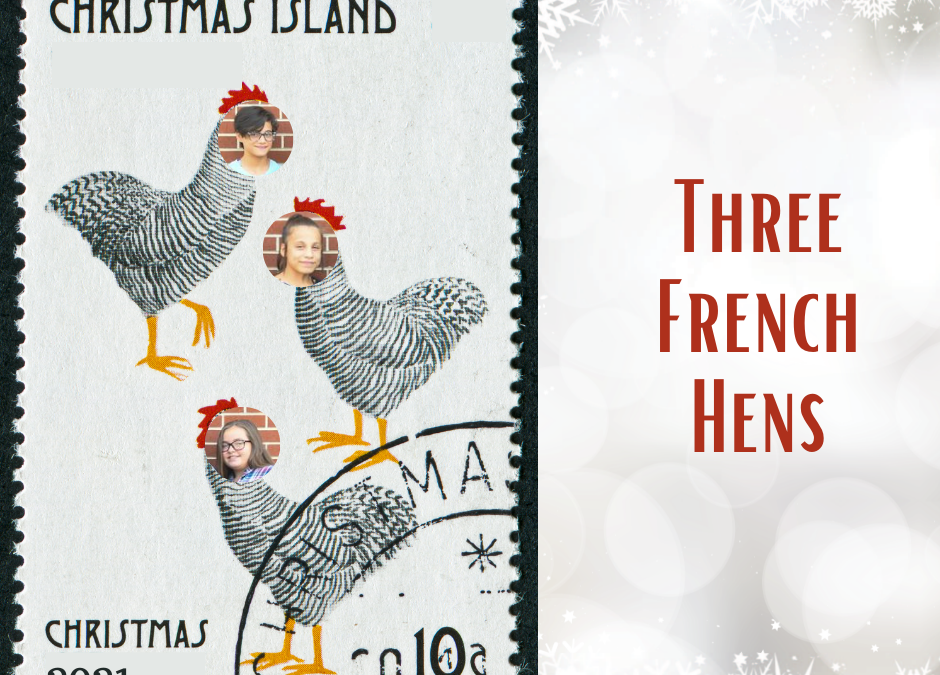 On the third day of Christmas, my true love gave to me, three French hens.